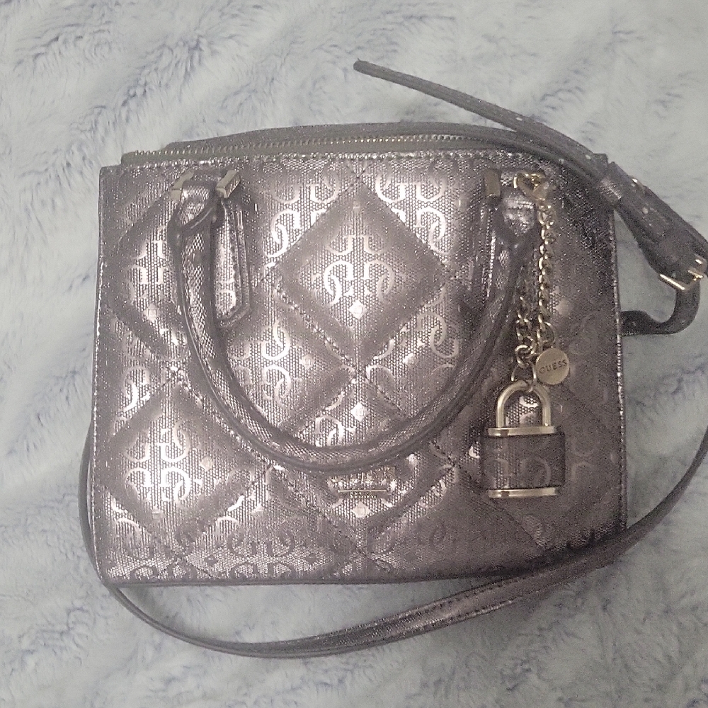 GUESS Purse Metallic Quilted Silver Satchel with Charm Accent